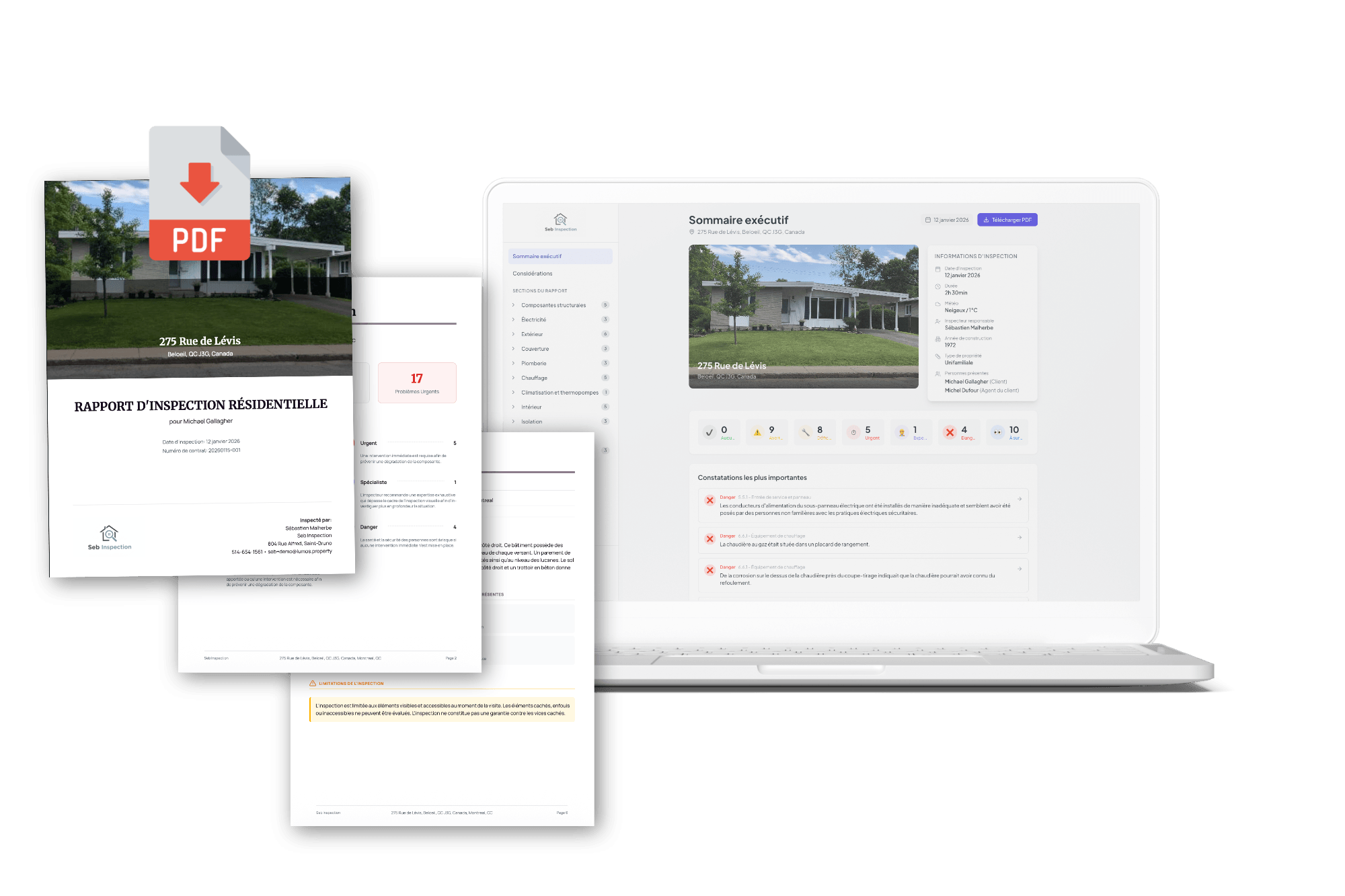 Lumos Inspector PDF report and interactive web report on laptop