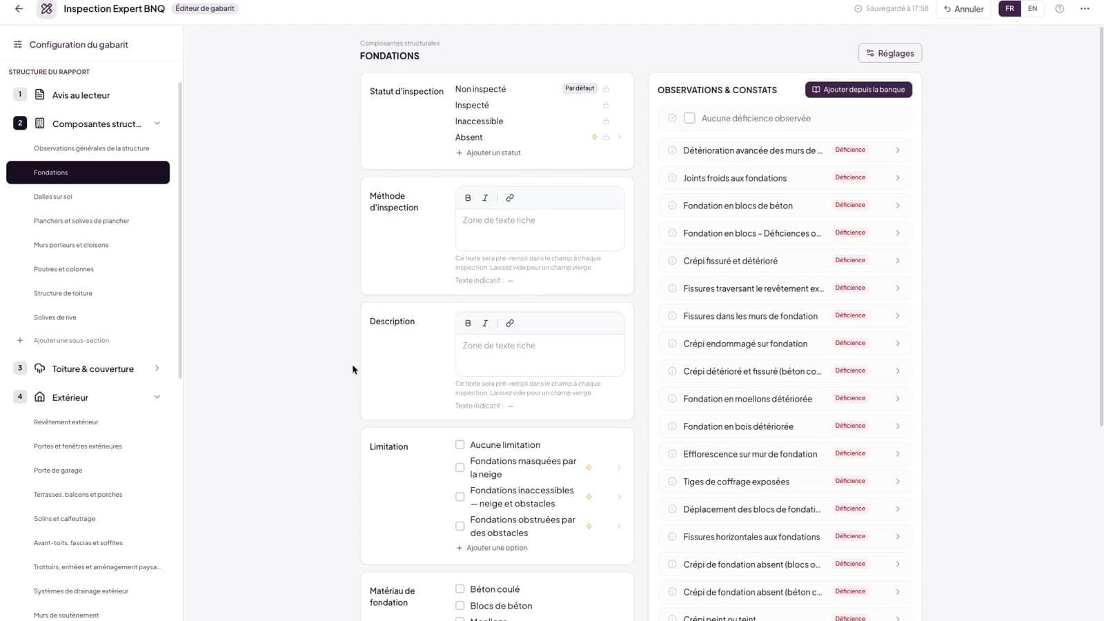 Éditeur visuel de gabarit d’inspection dans Lumos, sections déplacées par glisser-déposer