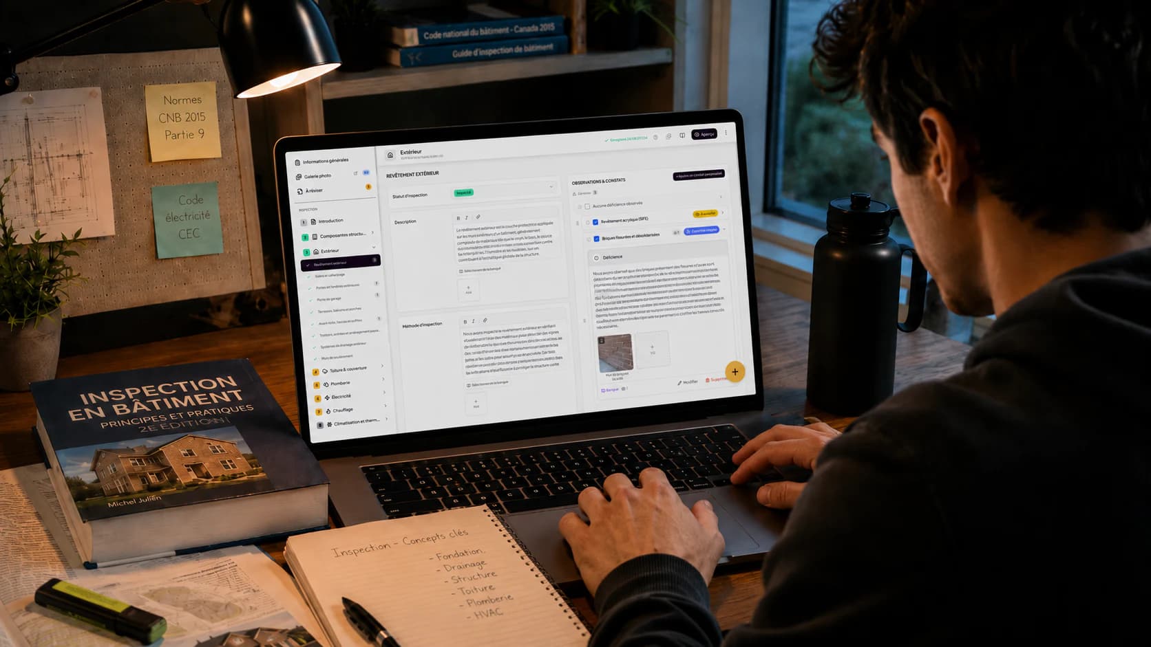 Étudiant en inspection de bâtiment rédigeant son rapport d'inspection dans Lumos sur un portable, à côté de ses manuels de code du bâtiment et de ses notes de cours