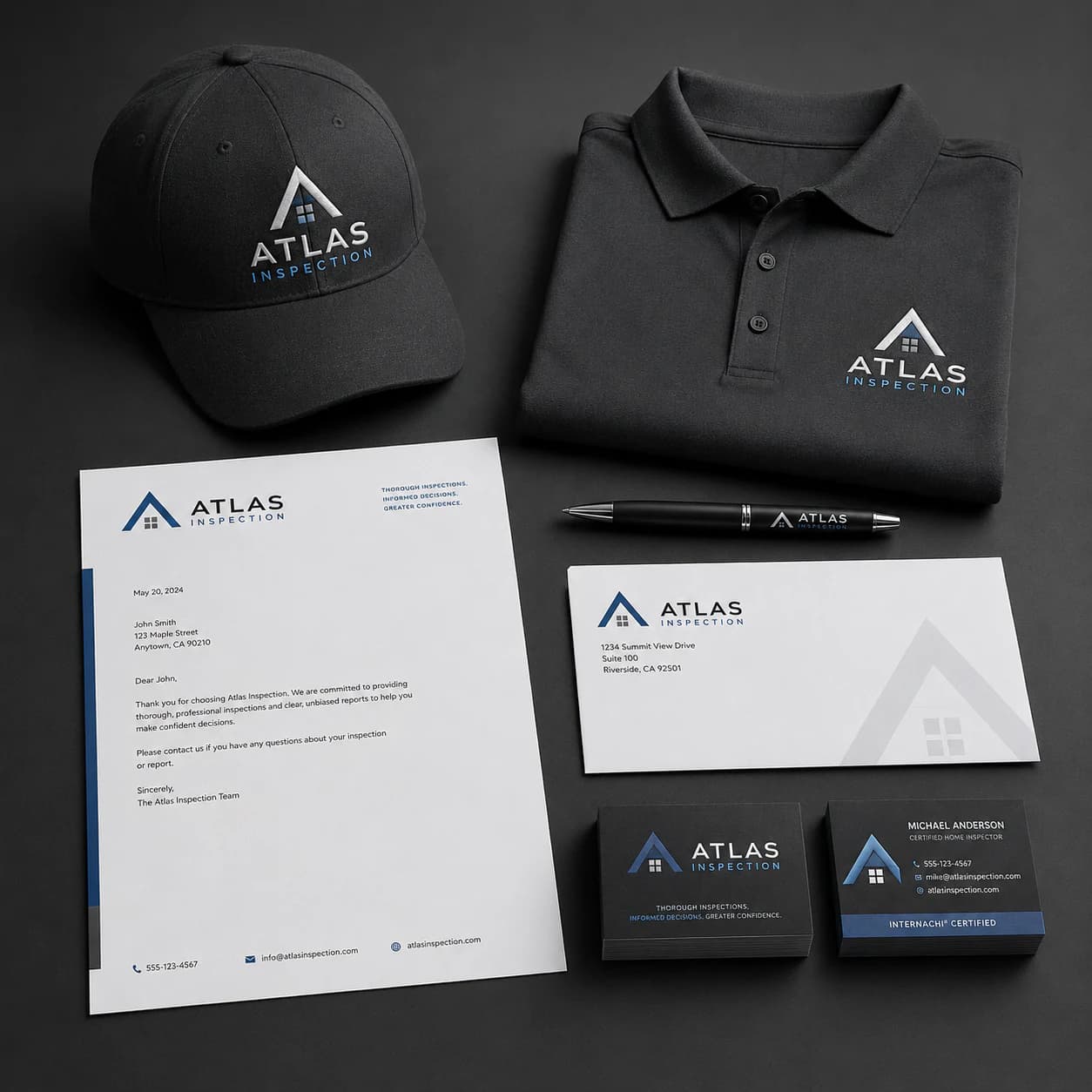 Kit d’image de marque complet pour une entreprise d’inspection en bâtiment : casquette et polo brodés au logo, papier à lettre, stylo, enveloppe et cartes d’affaires recto-verso portant les coordonnées de l’inspecteur.