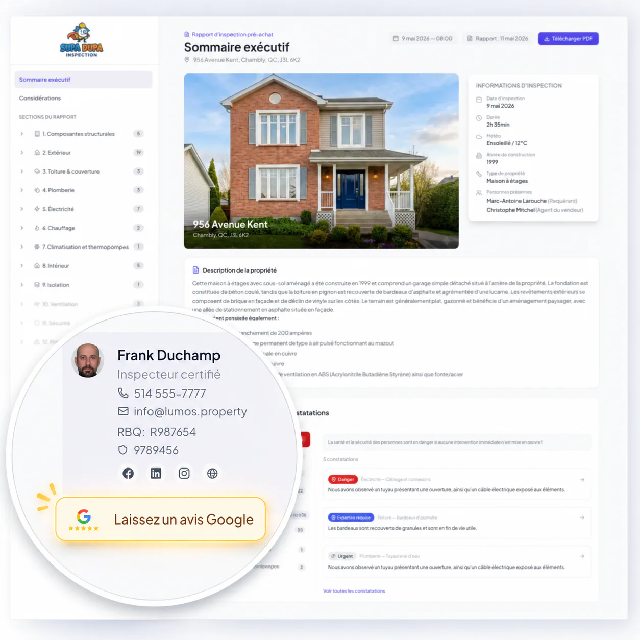Rapport web de Lumos avec la fiche de l’inspecteur agrandie : ses coordonnées, sa licence RBQ, ses réseaux sociaux et le bouton « Laissez un avis Google » mis en évidence