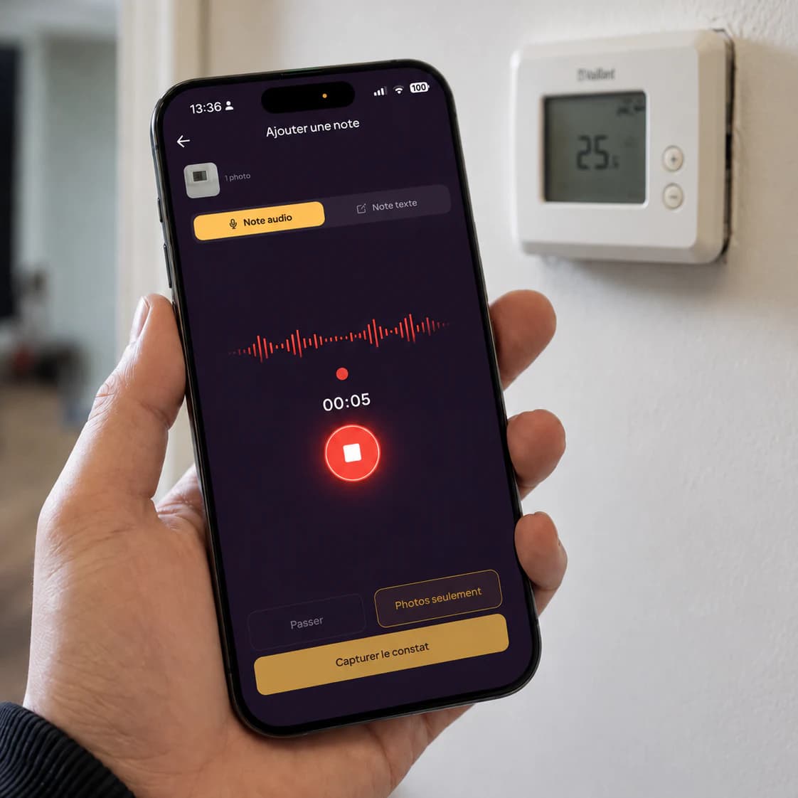 Dictée vocale mains libres d’un constat d’inspection en bâtiment dans l’application mobile Lumos