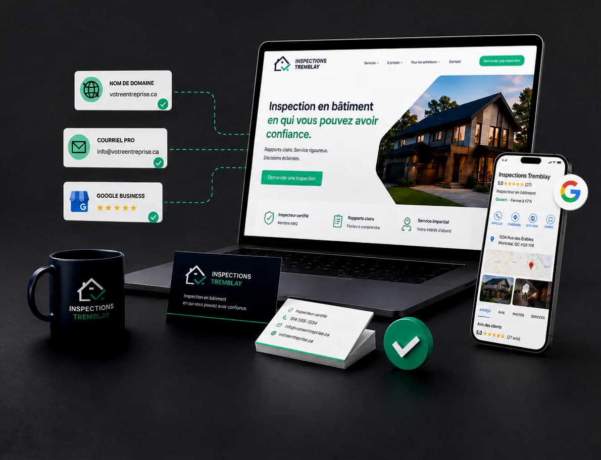 Image de marque bâtie par Lumos Studio pour une entreprise d'inspection en bâtiment : logo, site web, cartes d'affaires, courriel professionnel, nom de domaine et fiche Google Business