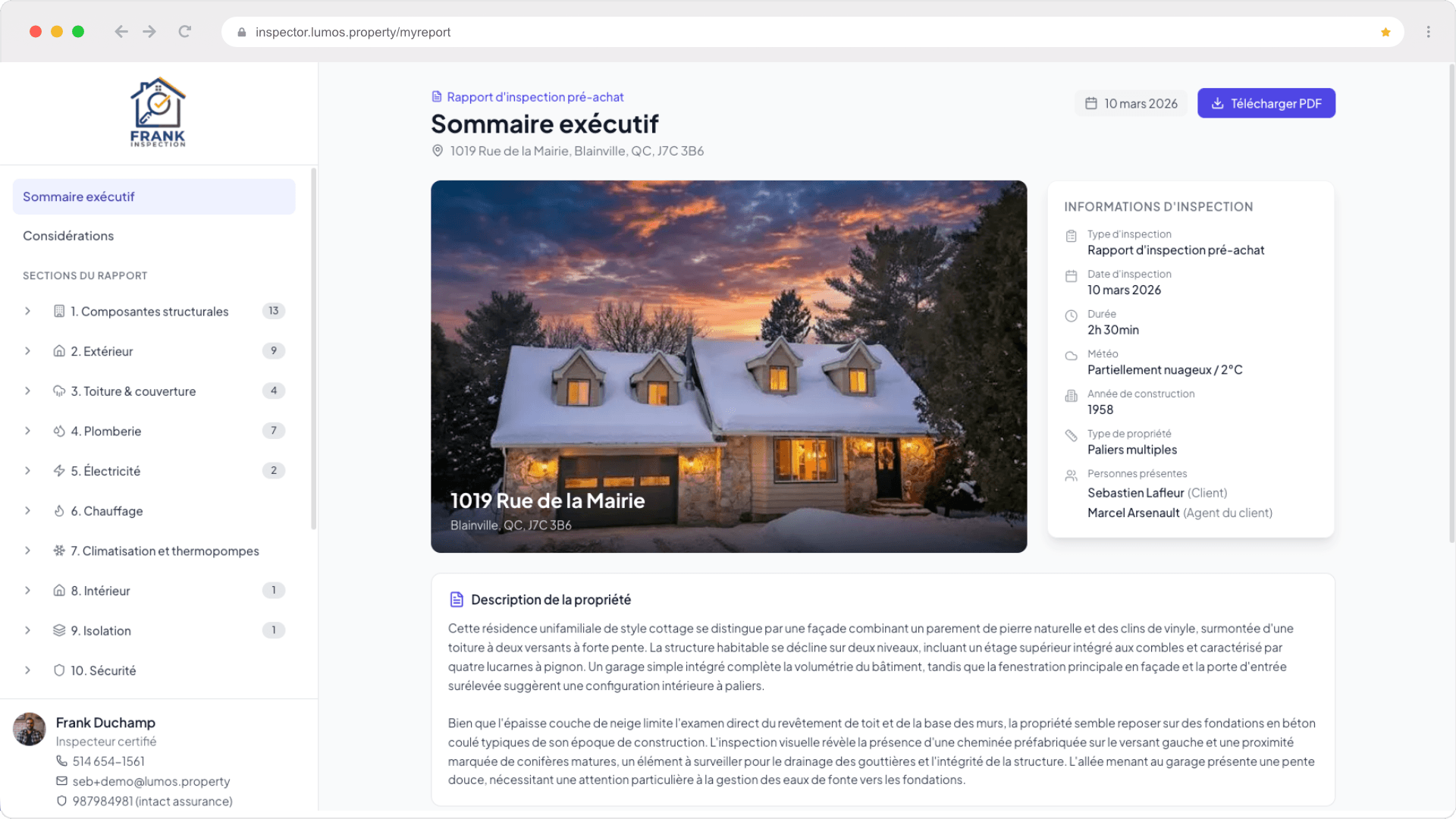 Rapport d’inspection interactif Lumos tel que le requérant le consulte : sommaire exécutif, sections du bâtiment, photos et niveaux de sévérité