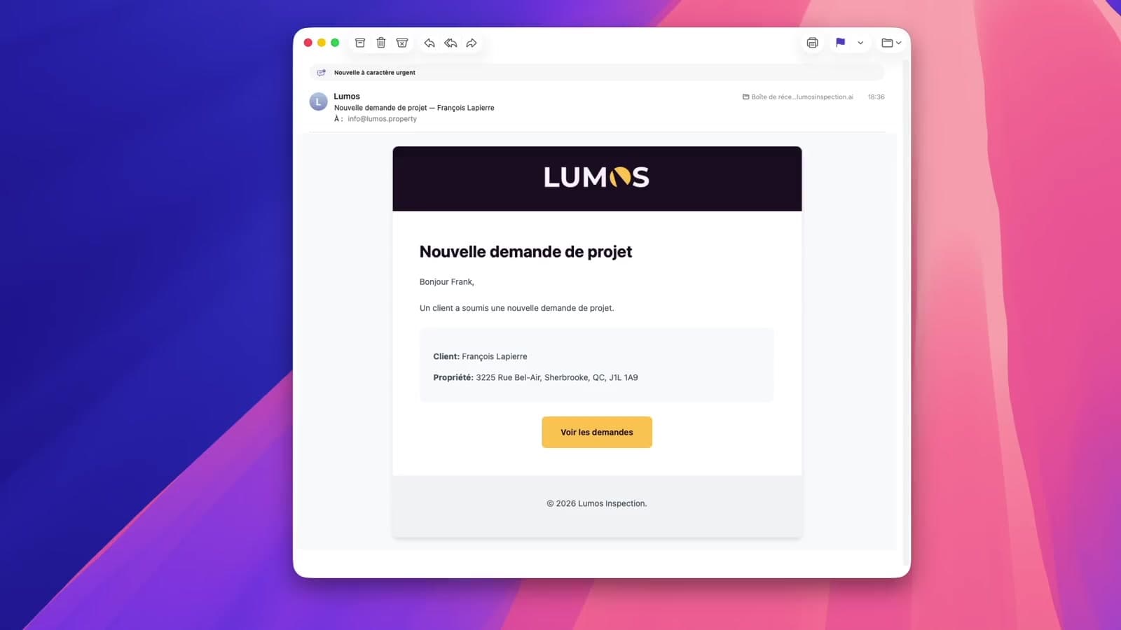 Courriel de nouvelle demande de projet reçue du widget du site web dans Lumos