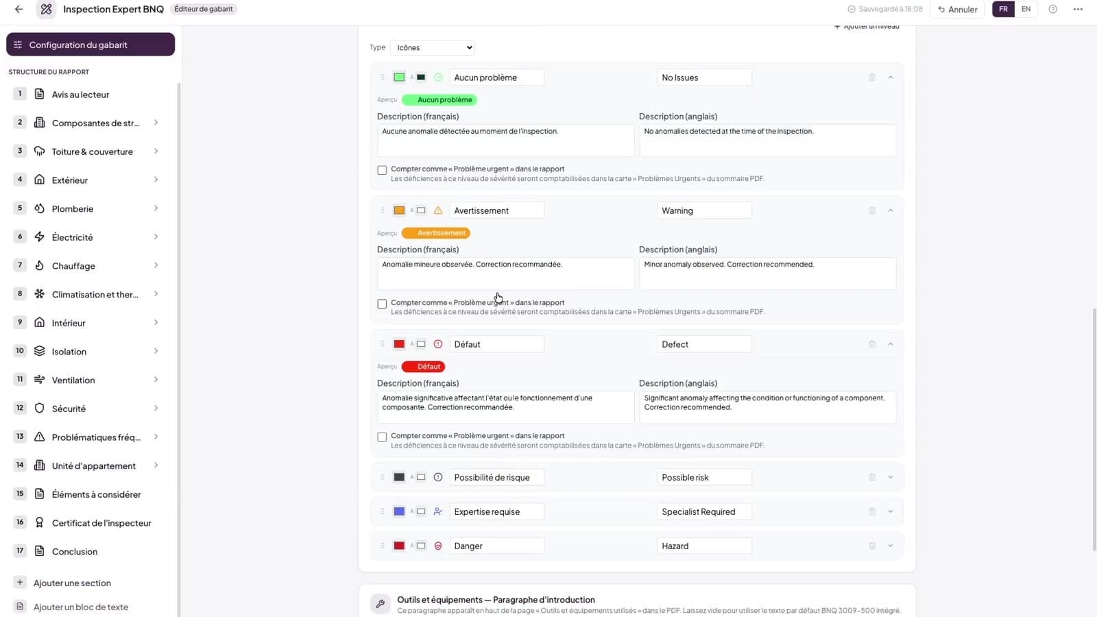 Gabarit d’inspection pour bâtiments commerciaux et multilogements dans l’éditeur Lumos