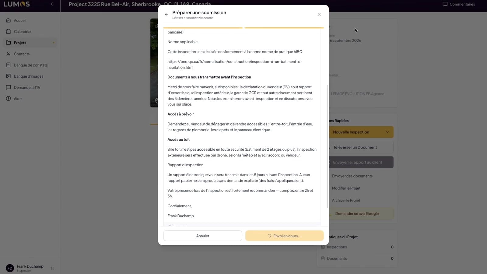 Préparation et envoi d’une soumission d’inspection depuis le projet dans Lumos