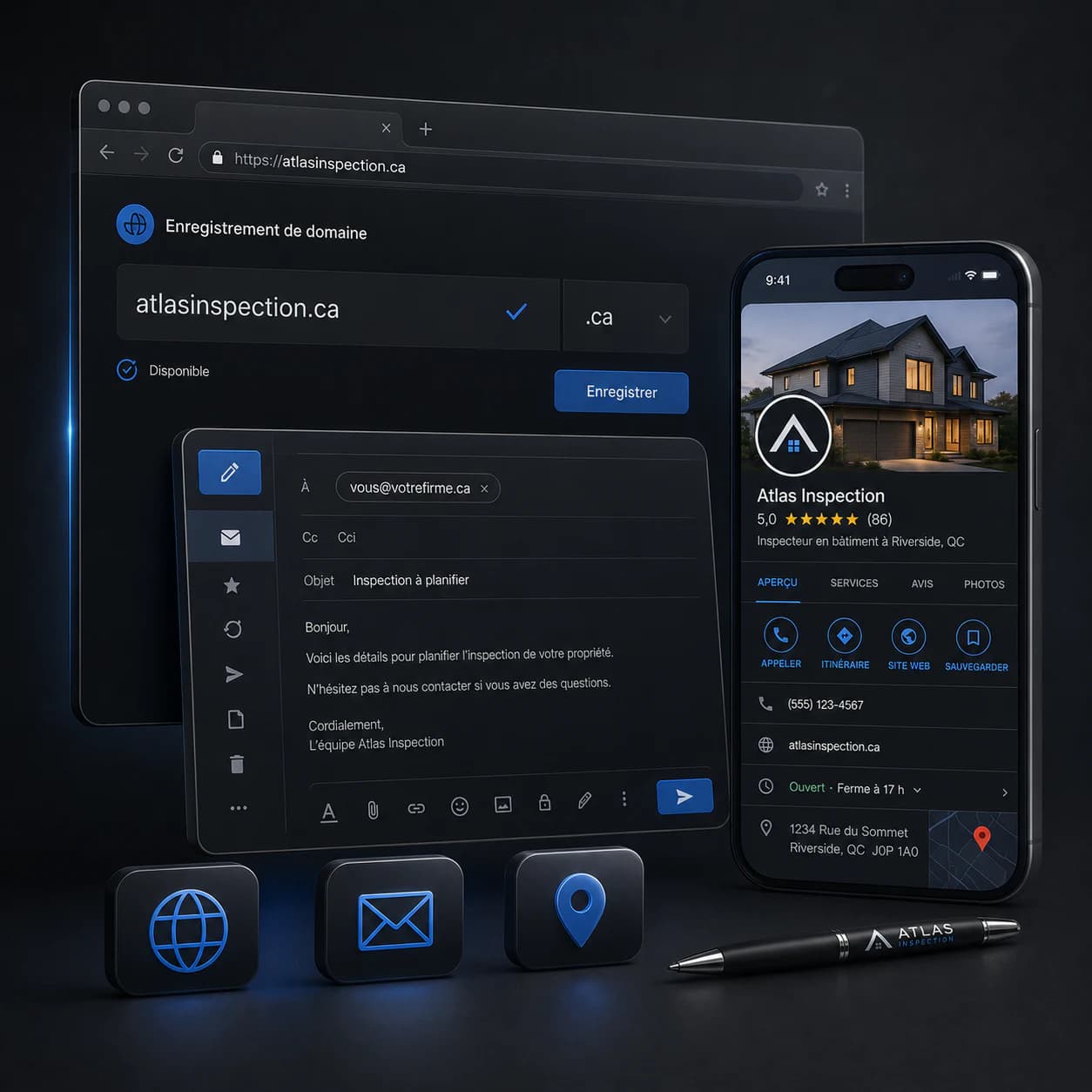 Présence en ligne d’une entreprise d’inspection : enregistrement du nom de domaine atlasinspection.ca, boîte courriel professionnelle avec un message de planification d’inspection, et fiche Google Business affichant la note, le numéro de téléphone, les heures d’ouverture et l’adresse.
