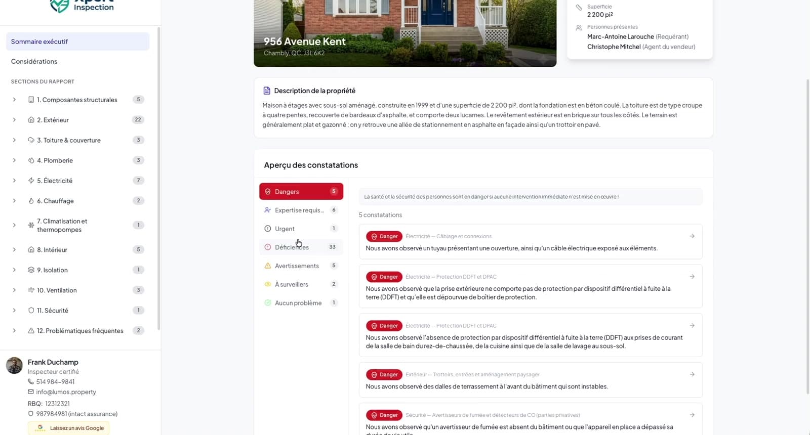 Rapport d’inspection web interactif avec filtres par sévérité dans Lumos