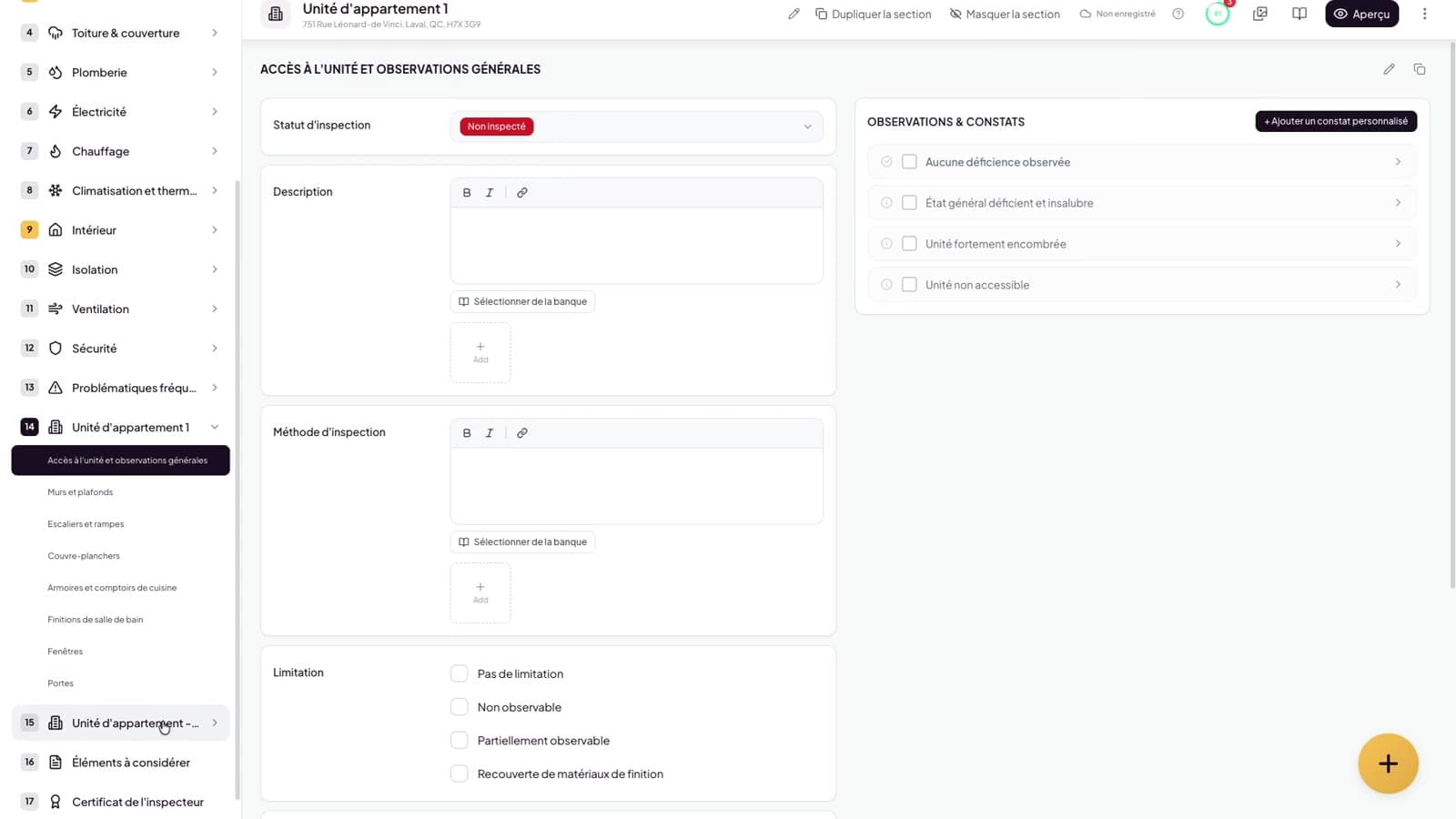 Sous-sections clonables pour l’inspection d’un immeuble multilogement dans Lumos
