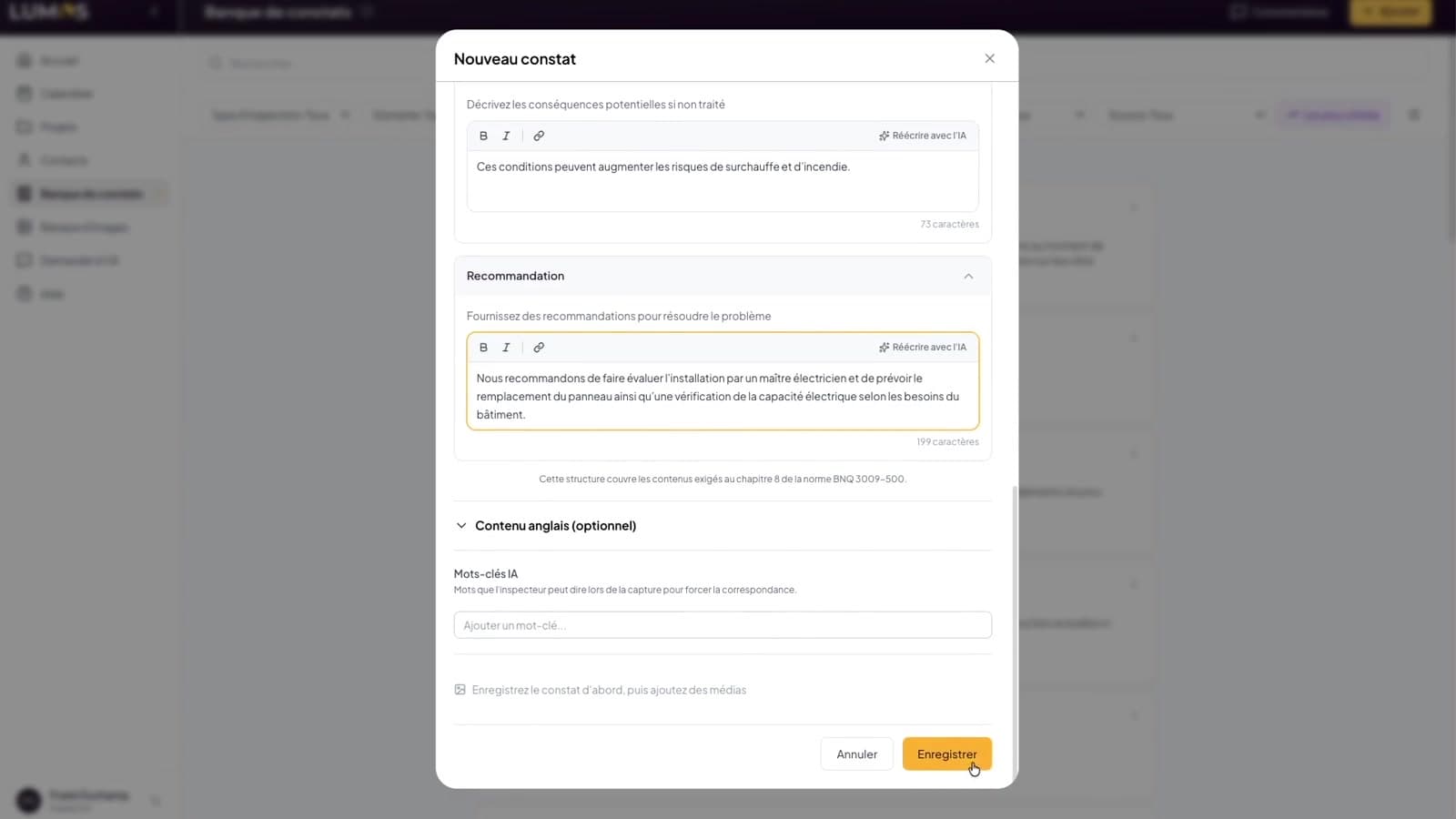 Traduction français-anglais instantanée d’un constat d’inspection dans Lumos